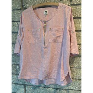 Anne Klein Pink Zip-Front Top W/ Roll-Up Sleeves & Gold Button Detail Womens Siz